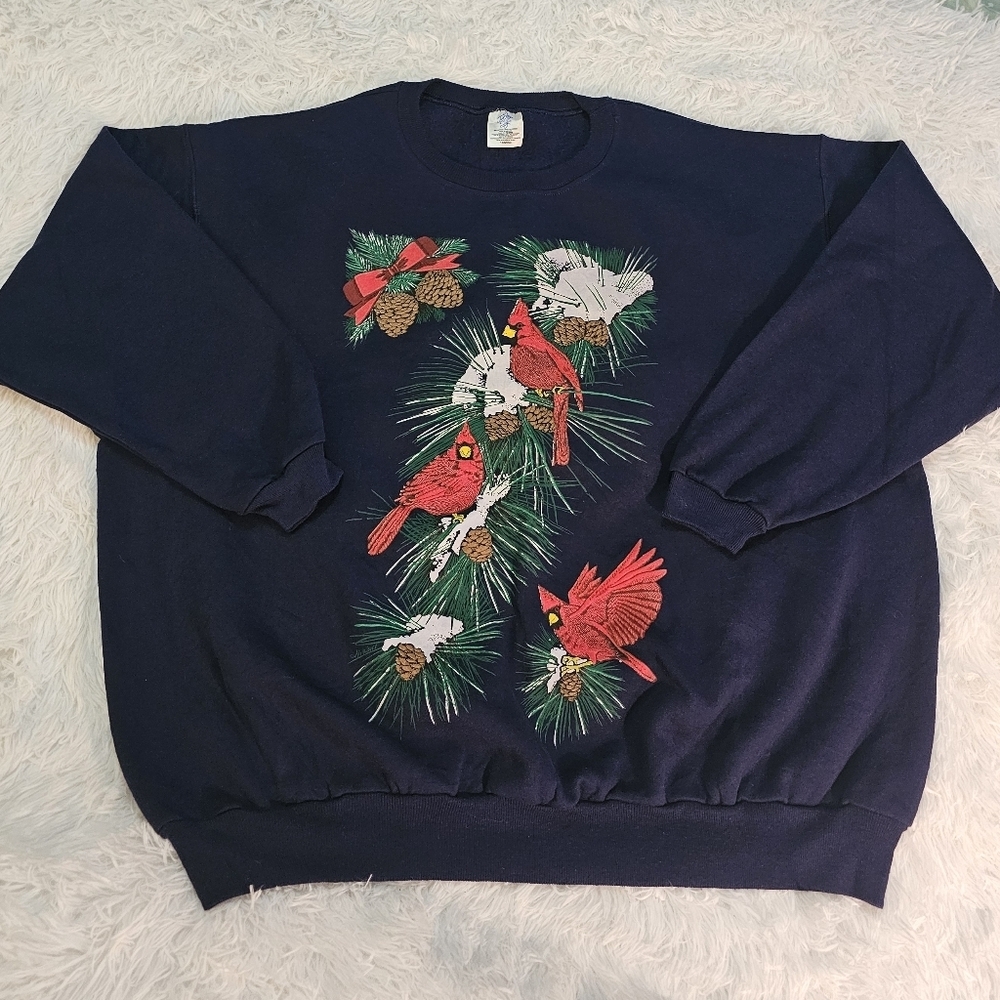 90s Vintage Just My Size Winter Navy Sweater with Cardinal Motif 18/20 Christmas